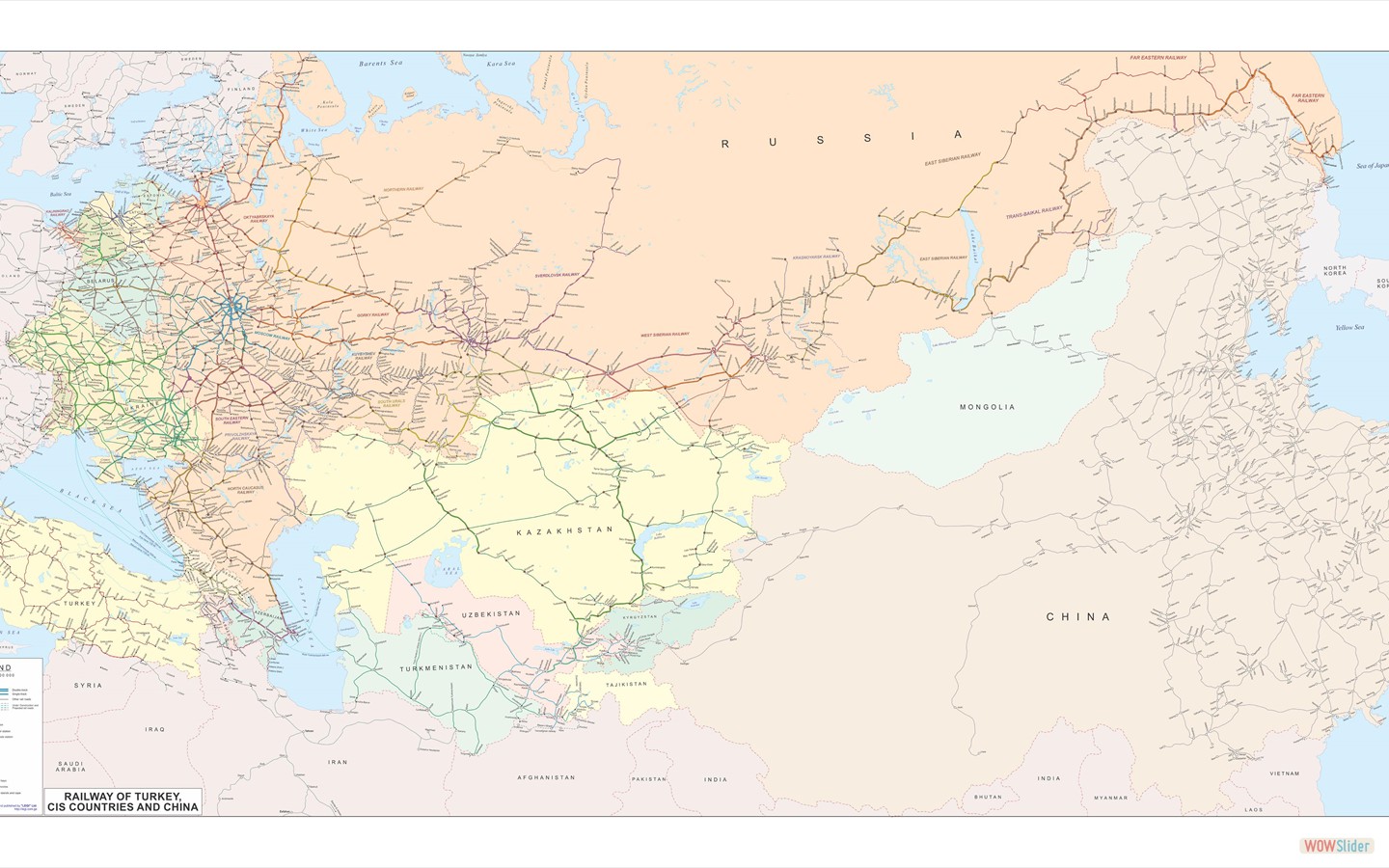 CIS Countries, Turkey and China Railway map